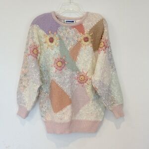 VTG Mariea Kim Floral Sweater Womens L Pastel Cottagecore Fairy Chunky Y2K 90s